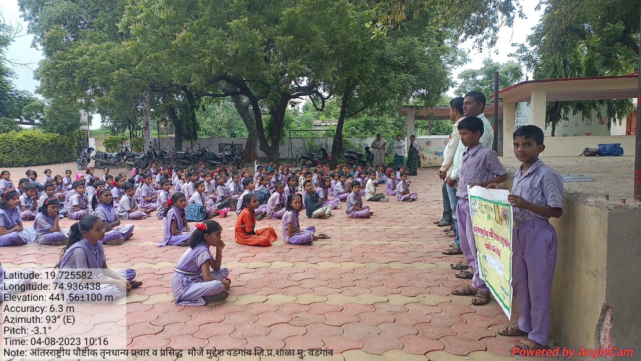 वडगाव ता.गंगापूर  जि. औरंगाबाद येथे आंतरराष्ट्रीय पौष्टिक तृणधान्य वर्ष २०२३ निमित्ताने विध्यार्थी पोषण जनजागृती मोहीम तसेच मिलेट ऑफ द मंथ राजगिरा च्या अनुषंगाने विध्यार्थ्यांना पौष्टिक तृनधान्य बाबत आहारातील महत्व याबाबत कृषी विभागामार्फत मार्गदर्शन करण्यात आले. या वेळी उपस्थित कृषी सहाय्यक, शालेय विद्यार्थी, शिक्षक वृंद